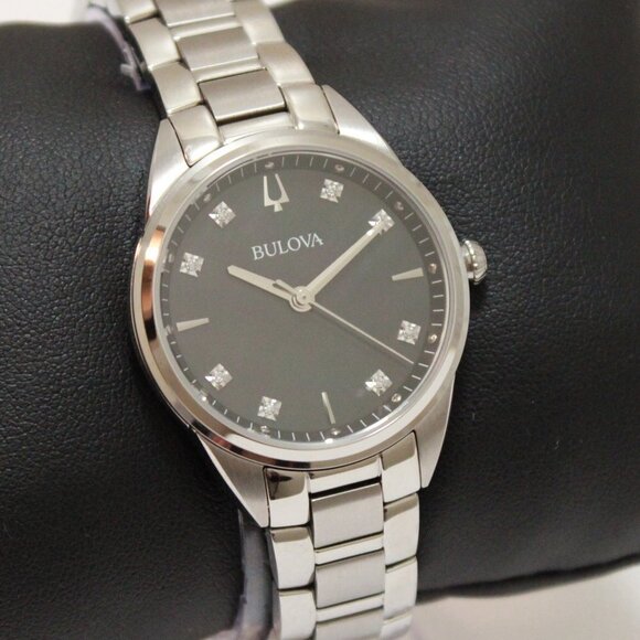 Bulova Accessories - Bulova Sutton Ladies Watch Diamond Indices Black Mother Of Pearl Dial 33mm